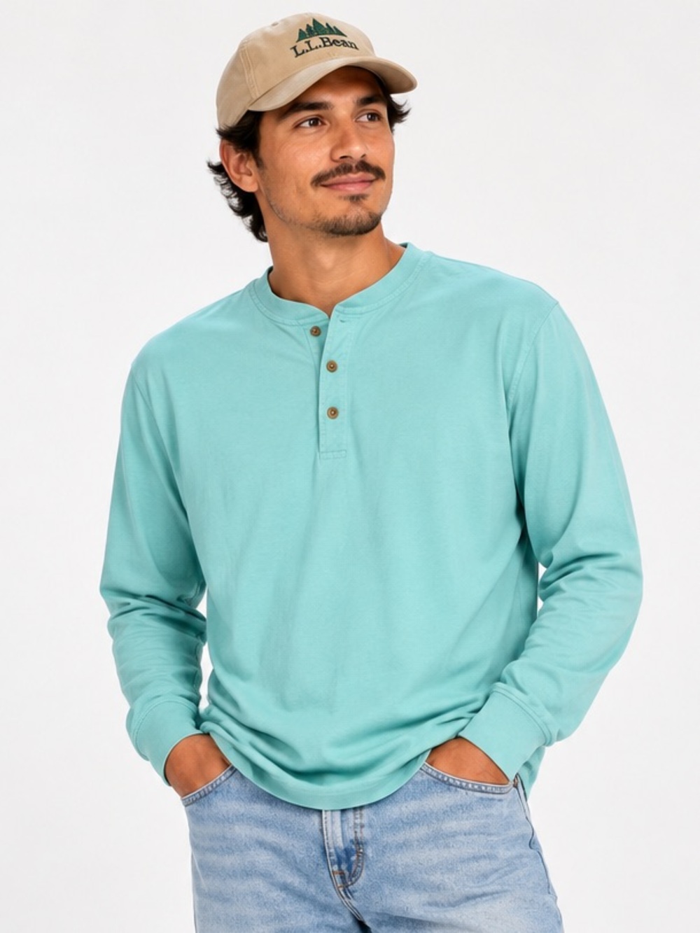 L.L.Bean Mens Aqua Cotton Henley Shirt Large Regular